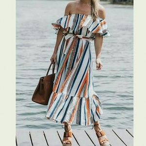 Moon River Striped Off the shoulder Midi